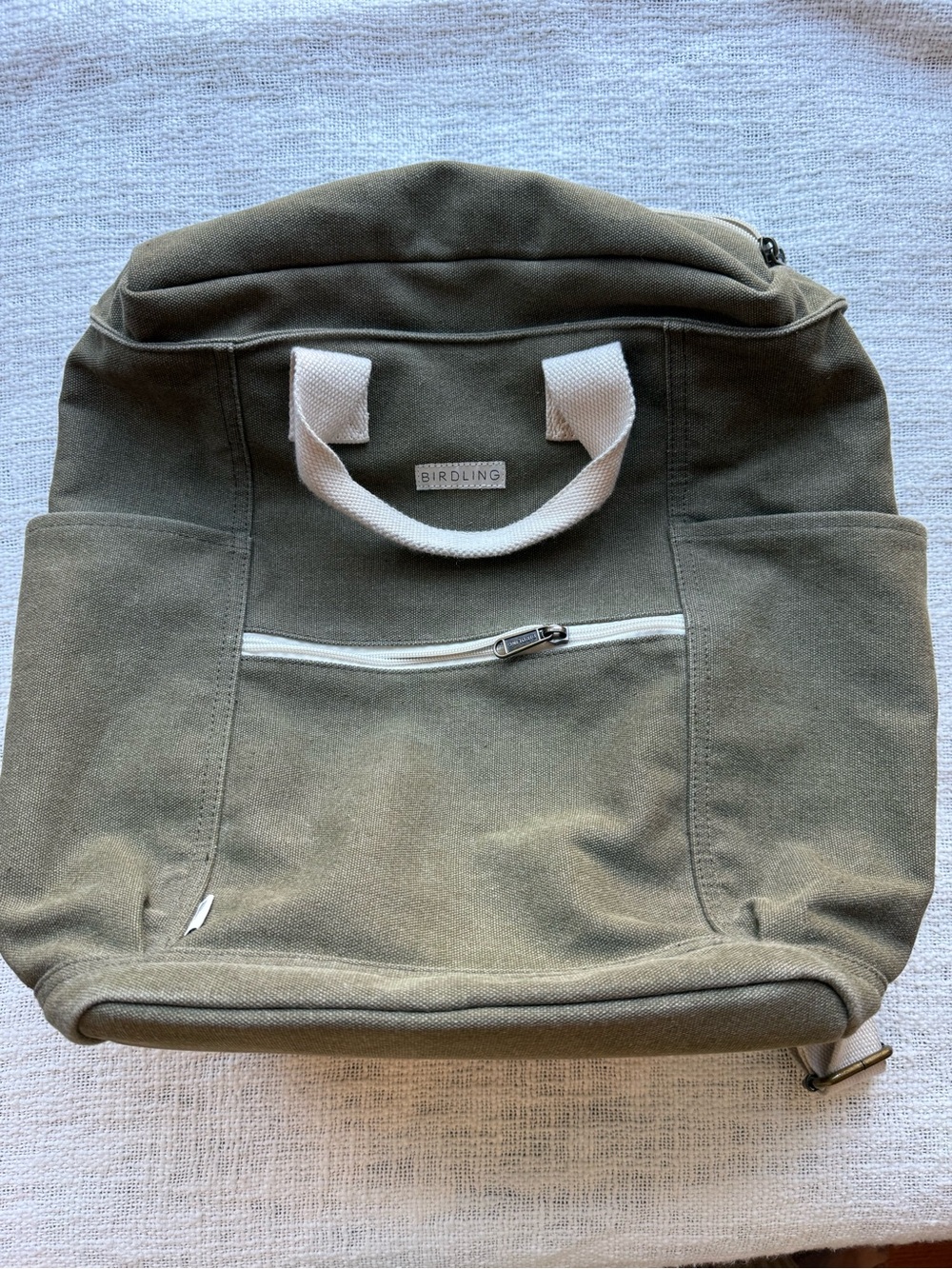 Birdling Olive Canvas Backpack with White Handles
